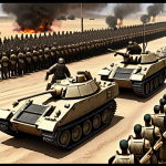**A diverse army formation:** A mixed group of heavy infantry forming a shield wall in the front, supported by artillery in the back, and light vehicles flanking. This visualizes the core message of troop diversity and tactical flexibility. Focus on a gritty, realistic art style that matches the game.